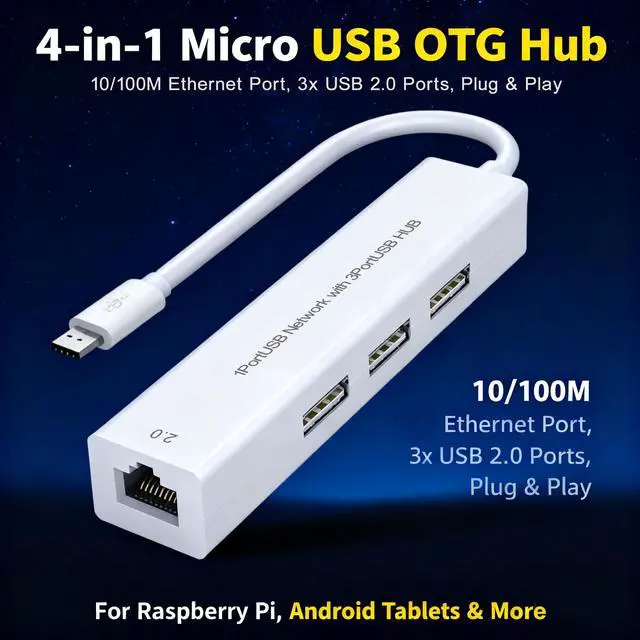 Alt view image 2 of 5 - Luskinno 4-in-1 Micro USB OTG Adapter Hub with 3 USB Ports and 1 Ethernet Adapter, Reliable Data Sync for Raspberry Pi Zero/2W, Older Android Tablets, Nvidia Shield K1, Fire TV Cube Gen 2