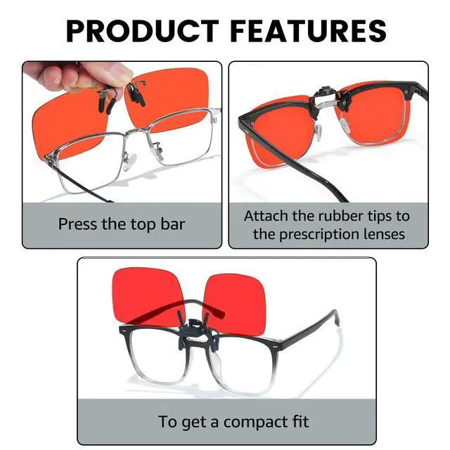Alt view image 3 of 5 - VIEWBETTER Clip On Blue Light Blocking Glasses for Eyestrain/Light-Sensitive/Headache Flip Up Rectangle Rimless Orange Lenses