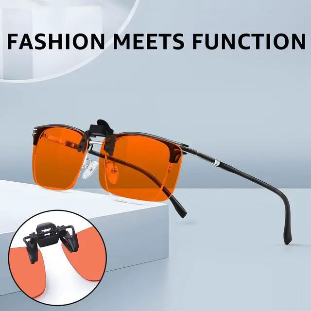 Alt view image 4 of 5 - VIEWBETTER Clip On Blue Light Blocking Glasses for Eyestrain/Light-Sensitive/Headache Flip Up Rectangle Rimless Orange Lenses