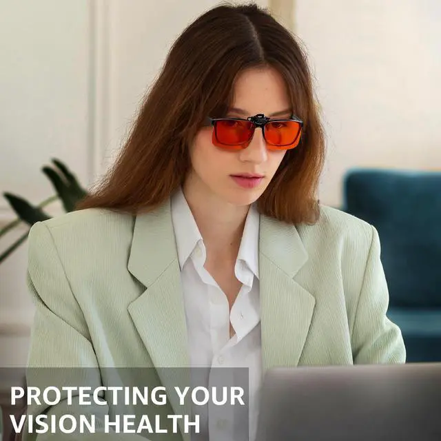 Alt view image 2 of 5 - VIEWBETTER Clip On Blue Light Blocking Glasses for Eyestrain/Light-Sensitive/Headache Flip Up Rectangle Rimless Orange Lenses