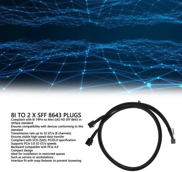 Alt view image 2 of 5 - MCIO 8i to 2*SFF-8643 Cable, MCIO x8 74Pin to Mini SAS HD SFF-8643 Cord, Compliant with SCSI (SAS), PCIE 5.0, 32GT / s Data Transfer Speed, for Server Data Center (31.5in)