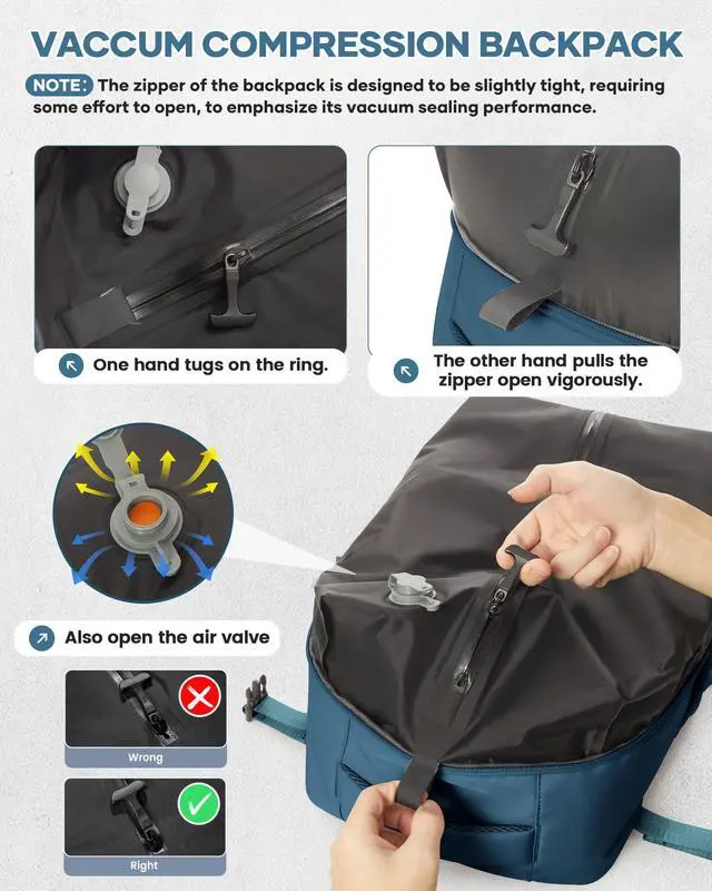 Alt view image 3 of 5 - Vacuum Travel Backpack for Women, Personal Item Carry on Vacpack Backpacks Flight Approved 18x14x8 inches for Men,Laptop Waterproof Work Compression bags Casual Daypack,PeacockBlue