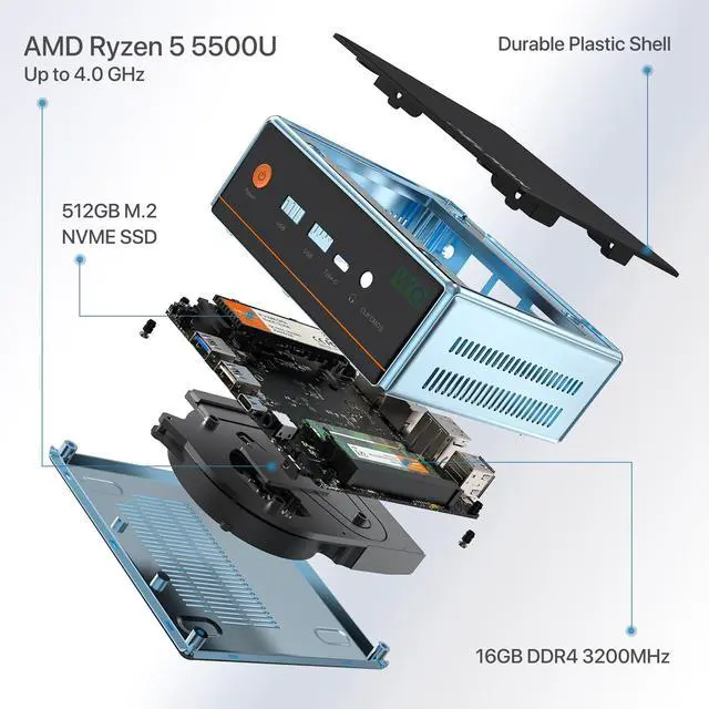 Alt view image 2 of 5 - PELADN WO4 Mini PC,Ryzen 5 5500U (6C/12T up to 4.0Ghz),16GB DDR4/512GB NVMe SSD Mini Desktop Computer,Triple-Display,WiFi6/BT5.2/DP1.4/HDMI2.0/USB3.2 Mini Computer