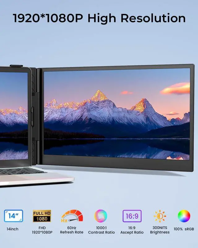 Alt view image 2 of 5 - Laptop Screen Extender, 14" 1080P FHD Portable Monitor for Laptop,Ultra-Slim & Lightweight Dual Monitor for 13"-17" Laptops, Plug & Play, Compatible with Windows/Mac/Android/Linux/Chrome (Grey)