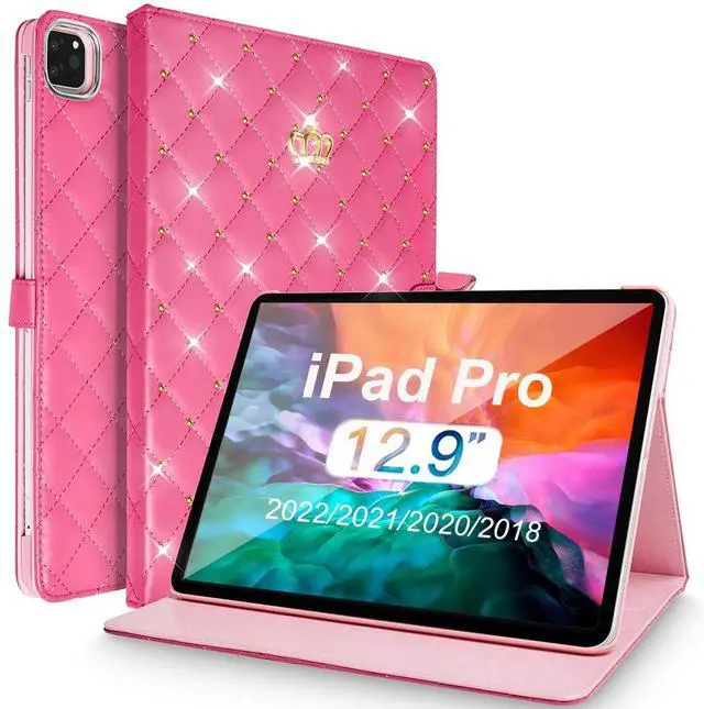 Main image of AuroiCCY for iPad Pro 12.9 inch 6th/5th/4th/3rd Case (2022/2021/2020/2018), Girly Woman Cute Crown Elegant PU Leather Bling Diamond Smart Auto Wake/Sleep Stand Flip Cover for iPad Pro 12.9 (Hot Pink)
