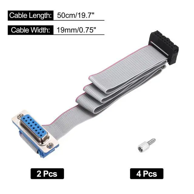 Alt view image 2 of 5 - MECCANIXITY 2Pcs 16Pin Flat Ribbon Cable Gray DB15 Female to FC-16P 2.54mm Pitch 50cm Length DB Serial Port Cable for Computer, LED Display, DVD with 4 Screws