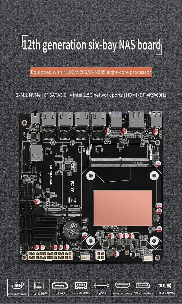 Alt view image 5 of 5 - NAS Motherboard N100 with 6 Bay SATA3.0, Mini ITX Mainboard with 4 Port i226 2.5GbE LAN, Soft Router Board DDR5 with Dual M.2 NVMe, PCle3.0 x4