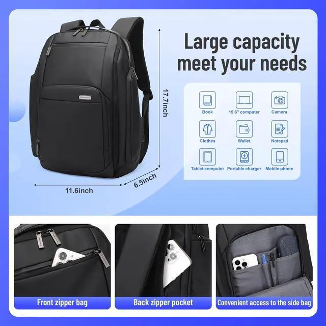 Alt view image 5 of 5 - JD JODEBES 40L Business Travel Backpack for men with password lock, Expandable Water Resistant 17 Inch Laptop Backpack with USB Port, Black Computer Backpack for College/Work
