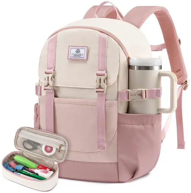 Main image of LOVEVOOK School Backpack for Teen Girls, Waterproof Travel College Bookbag for Middle High School with Large Cup Holder & Pencil Case, Fits 15.6'' Laptop, Cute Aesthetic Kids Student Backpack