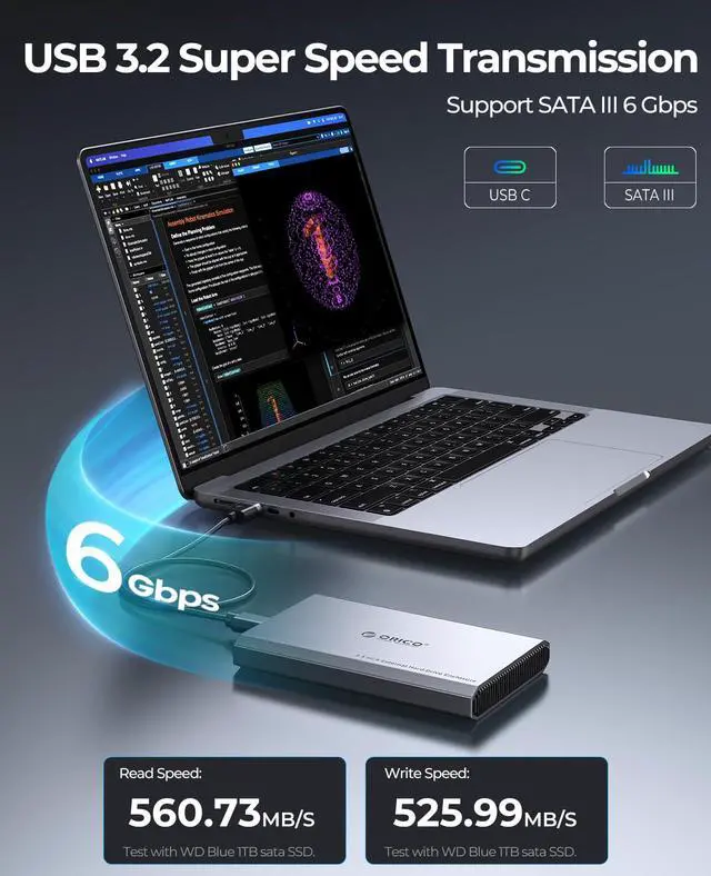 Alt view image 3 of 5 - ORICO Aluminum USB C Hard Drive Enclosure for 2.5 Inch SATA SSD/HDD, USB 3.2 GEN 2 USB C to USB A/C 2 in 1 Cable, Support macOS Windows Linux OS, Compatible with Samsung Crucial WD Drives(DD25-C3)