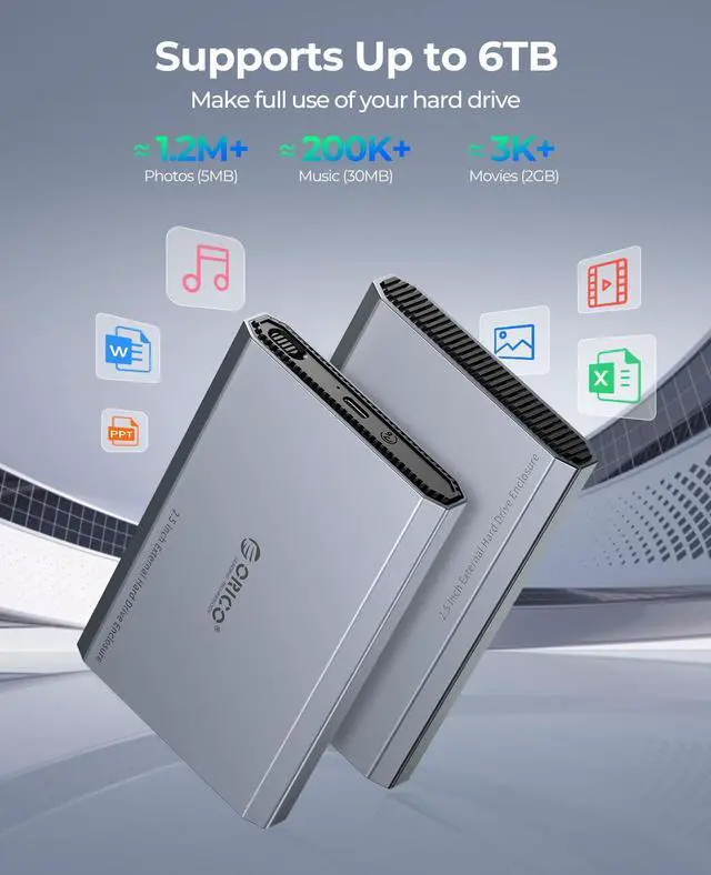 Alt view image 4 of 5 - ORICO Aluminum USB C Hard Drive Enclosure for 2.5 Inch SATA SSD/HDD, USB 3.2 GEN 2 USB C to USB A/C 2 in 1 Cable, Support macOS Windows Linux OS, Compatible with Samsung Crucial WD Drives(DD25-C3)