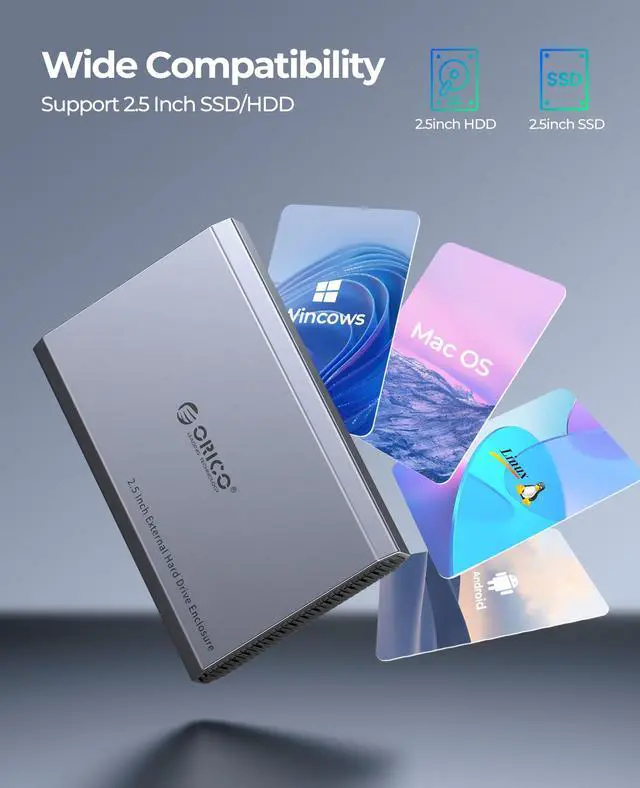 Alt view image 5 of 5 - ORICO Aluminum USB C Hard Drive Enclosure for 2.5 Inch SATA SSD/HDD, USB 3.2 GEN 2 USB C to USB A/C 2 in 1 Cable, Support macOS Windows Linux OS, Compatible with Samsung Crucial WD Drives(DD25-C3)
