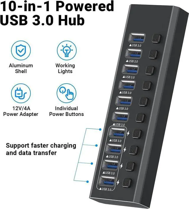 Alt view image 2 of 5 - Powered USB 3.0 Hub Aluminum 10 Port USB 3.0 Data Hub with 12V/4A (48W) Power Adapter and Individual On/Off Switches & LED,USB Extension for MacBook, Mac Pro/Mini and More