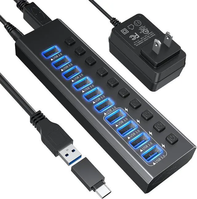 Main image of Powered USB 3.0 Hub Aluminum 10 Port USB 3.0 Data Hub with 12V/4A (48W) Power Adapter and Individual On/Off Switches & LED,USB Extension for MacBook, Mac Pro/Mini and More