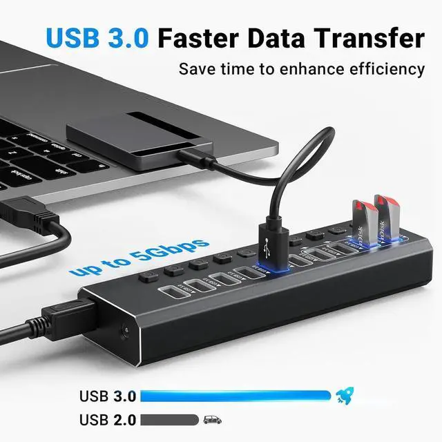 Alt view image 3 of 5 - Powered USB 3.0 Hub Aluminum 10 Port USB 3.0 Data Hub with 12V/4A (48W) Power Adapter and Individual On/Off Switches & LED,USB Extension for MacBook, Mac Pro/Mini and More