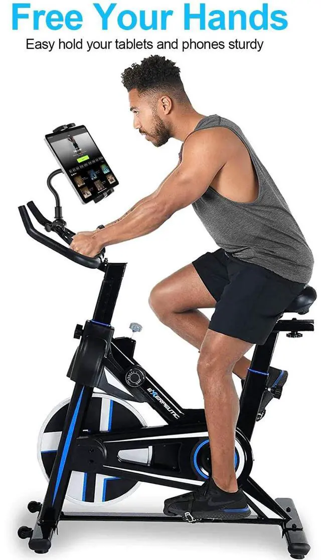 Alt view image 2 of 5 - woleyi Gooseneck Spin Bike Tablet Mount, Elliptical Treadmill Tablet Holder, Indoor Peloton Stationary Exercise Bicycle Handlebar Clamp for iPad Pro Air Mini, Galaxy Tabs, Kindle, E-Book, 4-13" Device