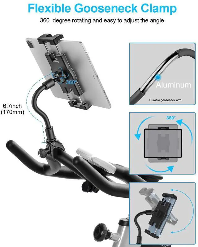 Alt view image 3 of 5 - woleyi Gooseneck Spin Bike Tablet Mount, Elliptical Treadmill Tablet Holder, Indoor Peloton Stationary Exercise Bicycle Handlebar Clamp for iPad Pro Air Mini, Galaxy Tabs, Kindle, E-Book, 4-13" Device