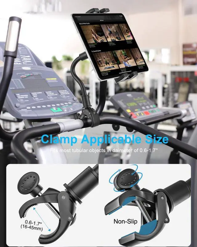 Alt view image 4 of 5 - woleyi Gooseneck Spin Bike Tablet Mount, Elliptical Treadmill Tablet Holder, Indoor Peloton Stationary Exercise Bicycle Handlebar Clamp for iPad Pro Air Mini, Galaxy Tabs, Kindle, E-Book, 4-13" Device