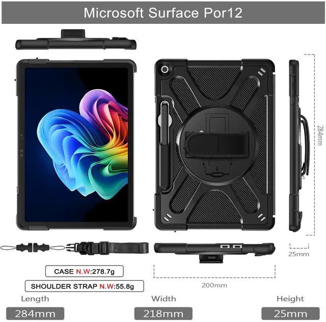 Alt view image 3 of 5 - Rantice Case for Microsoft Surface Pro 12 Inch (2025), Heavy Rugged Shockproof Drop Protection Case with 360 Rotating Stand & Hand Strap & Shoulder Strap, Compatible with Type Cover Keyboard (Black)