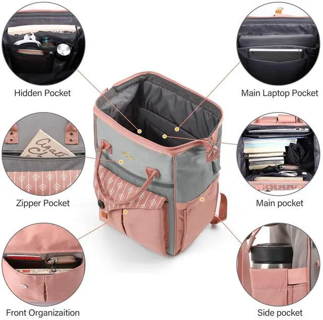 Alt view image 4 of 5 - MOMUVO Laptop Backpack for Women with USB Port, Student Bookbag Water Resistant Backpacks Teacher Doctor Nurse Work Stylish Travel Bags, Fits 17-Inch Laptop,Pink