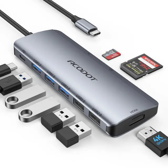 Main image of USB C Hub, Acodot 9 in 1 USB C to 4K@60HZ HDMI Multiport Adapter, 3 USB 3.0 Ports, SD/TF Card Reader, 100W PD, Desigend for MacBook Pro Air HP XPS and Other Type C Devices