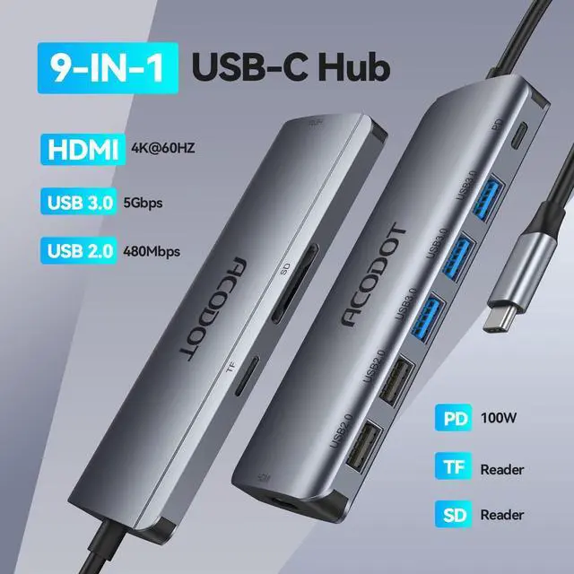 Alt view image 2 of 5 - USB C Hub, Acodot 9 in 1 USB C to 4K@60HZ HDMI Multiport Adapter, 3 USB 3.0 Ports, SD/TF Card Reader, 100W PD, Desigend for MacBook Pro Air HP XPS and Other Type C Devices