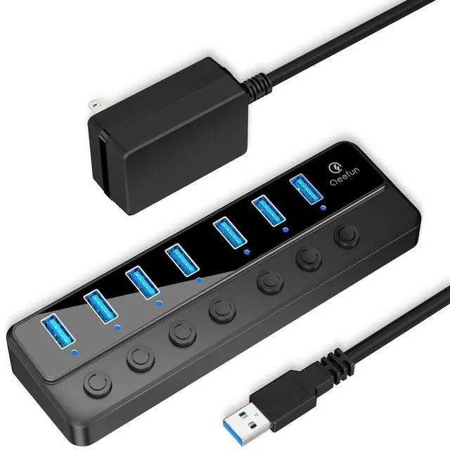 Main image of Qeefun Powered USB Hub, 7-Port USB 3.0 Data Extender with Individual LED On/Off Switches and 12V/2A Power Support Port, USB Splitter Expander for Laptop, Desktop PC, iMac and More