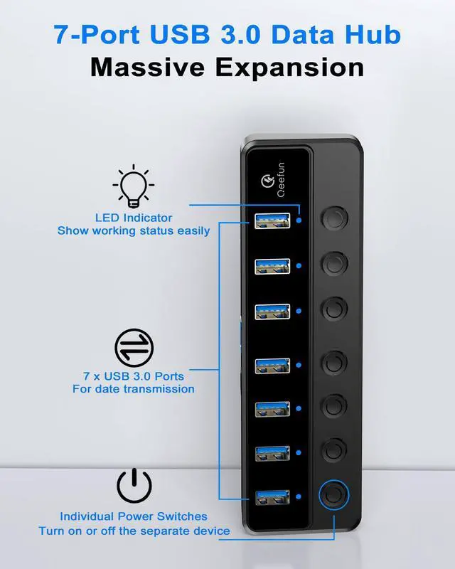 Alt view image 3 of 4 - Qeefun Powered USB Hub, 7-Port USB 3.0 Data Extender with Individual LED On/Off Switches and 12V/2A Power Support Port, USB Splitter Expander for Laptop, Desktop PC, iMac and More