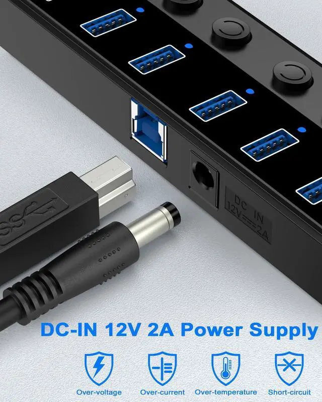 Alt view image 4 of 4 - Qeefun Powered USB Hub, 7-Port USB 3.0 Data Extender with Individual LED On/Off Switches and 12V/2A Power Support Port, USB Splitter Expander for Laptop, Desktop PC, iMac and More