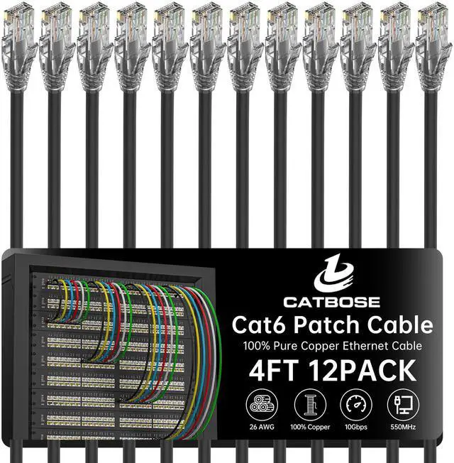 Main image of 4 Feet Cat6 Patch Cables(12 Pack), Solid Pure Copper Patch Cord, Cat 6 Ethernet Cable, UTP Network, High Speed RJ45 Internet Cables, Compatible for Router, Switche, PC, Server, PS4/5, Xbox - Black