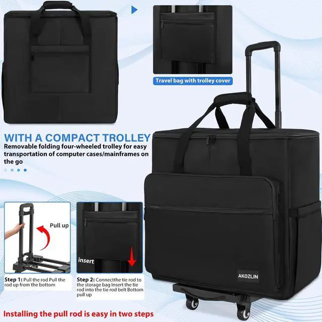 Alt view image 3 of 5 - AKOZLIN Desktop Carrying Case PC Tower Travel Case with Detachable Cart PC Gaming Computer Case Travel Storage Bag for Desktop Tower, Keyboard, Cable and Mouse Black