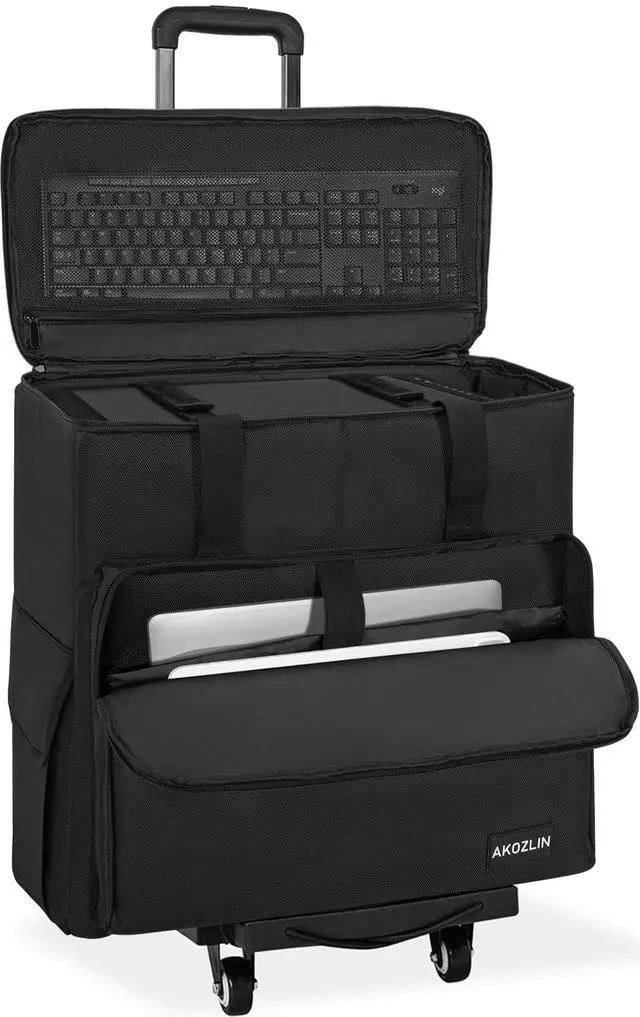 Alt view image 4 of 5 - AKOZLIN Desktop Carrying Case PC Tower Travel Case with Detachable Cart PC Gaming Computer Case Travel Storage Bag for Desktop Tower, Keyboard, Cable and Mouse Black