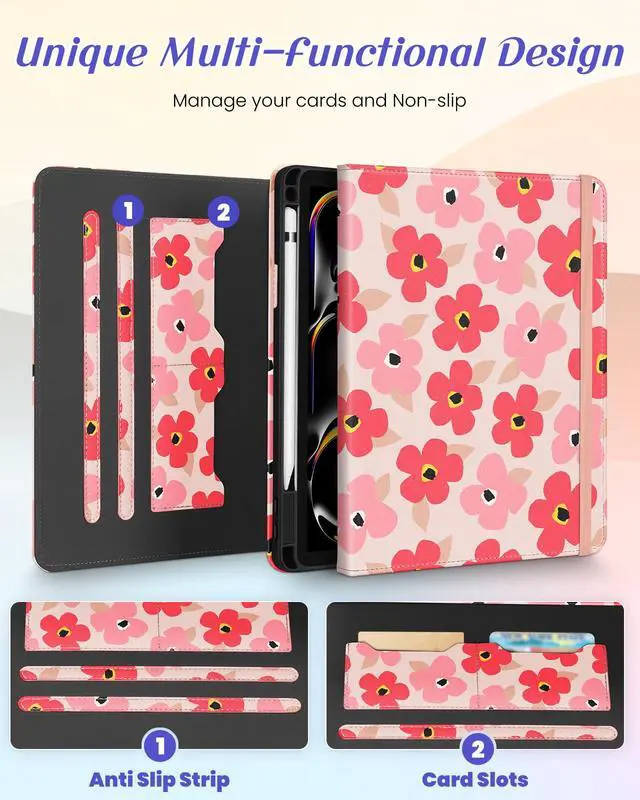 Alt view image 3 of 5 - Kidcube for iPad Pro 11 Inch Case M4 2024 5th Generation - Women Girls Cute Rotating Stand Folio Cover with Pencil Holder & Card Slot Kawaii Floral Flower Design for iPad Pro 11'' Case 2024 M4 5th Gen