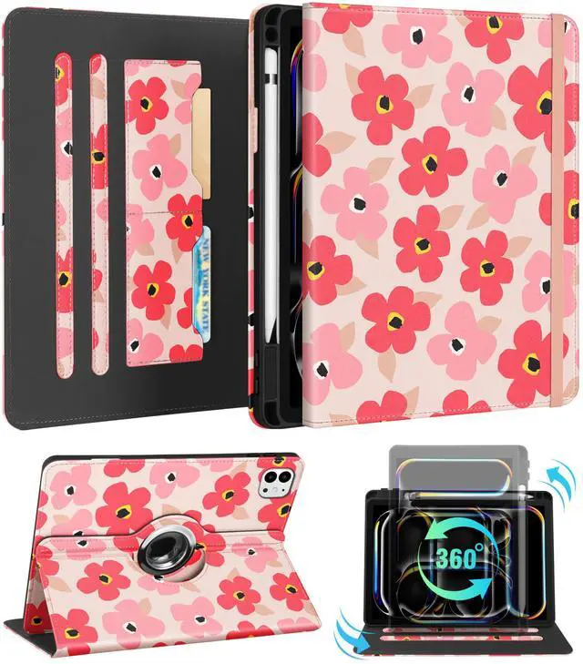Main image of Kidcube for iPad Pro 11 Inch Case M4 2024 5th Generation - Women Girls Cute Rotating Stand Folio Cover with Pencil Holder & Card Slot Kawaii Floral Flower Design for iPad Pro 11'' Case 2024 M4 5th Gen