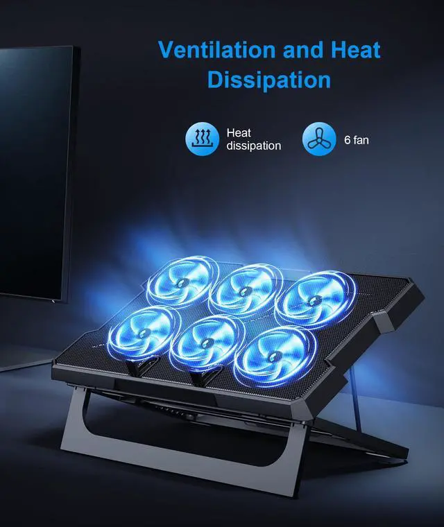 Alt view image 2 of 5 - MOKURU Laptop Cooling Pad, Laptop Cooler with 6 Quiet Fans Up to 17.3 Inch Heavy Notebook Cooler Stand, 8 Levels of Tilt, Two Levels of Height Adjustable (Black)