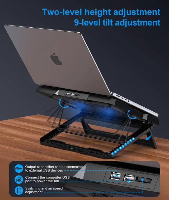 Alt view image 4 of 5 - MOKURU Laptop Cooling Pad, Laptop Cooler with 6 Quiet Fans Up to 17.3 Inch Heavy Notebook Cooler Stand, 8 Levels of Tilt, Two Levels of Height Adjustable (Black)