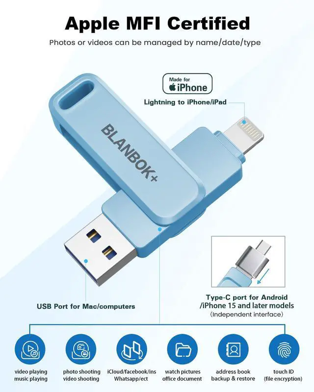 Alt view image 2 of 5 - MFi Certified 512GB Flash Drive for iPhone Photo Stick, USB Memory Stick iPhone Flash Drive for Photos Videos, High Speed External Storage USB Stick Thumb Drive for iPhone/iPad/Android/PC(Sky Blue)