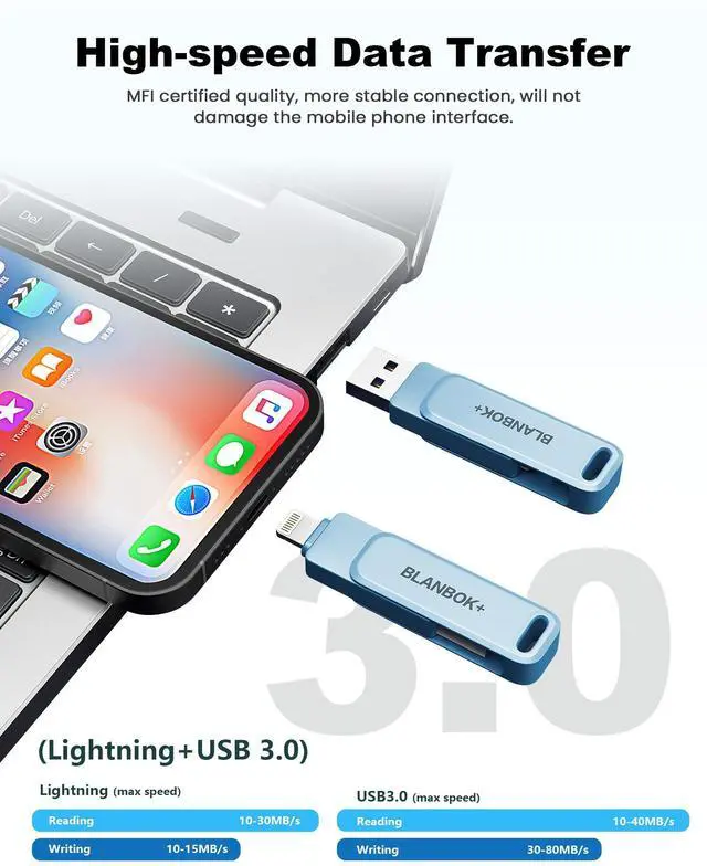 Alt view image 5 of 5 - MFi Certified 512GB Flash Drive for iPhone Photo Stick, USB Memory Stick iPhone Flash Drive for Photos Videos, High Speed External Storage USB Stick Thumb Drive for iPhone/iPad/Android/PC(Sky Blue)