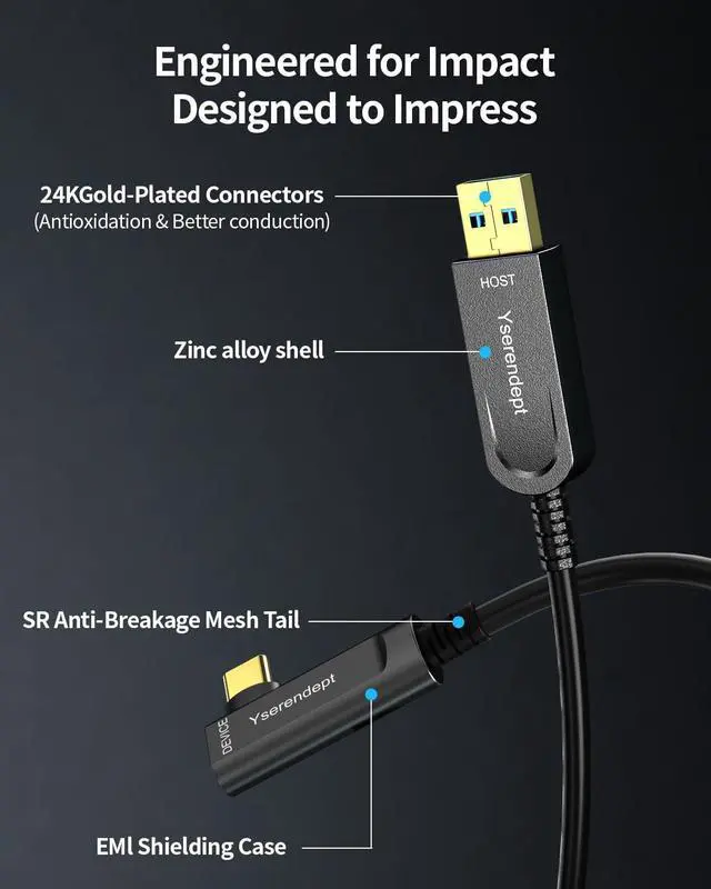 Alt view image 2 of 5 - YSerendept Fiber Optic USB C Cable 50ft,Right Angle High Speed 10Gbps Active Optical Long Distance Extension for Webcams,4K Cameras,VR/AR,Hubs,HDDs,Projectors & Medical Systems