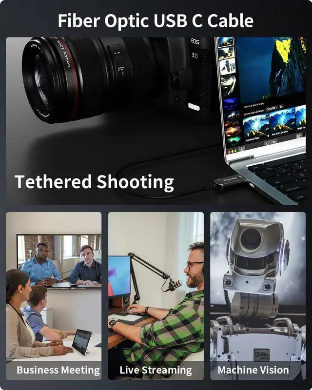 Alt view image 4 of 5 - YSerendept Fiber Optic USB C Cable 50ft,Right Angle High Speed 10Gbps Active Optical Long Distance Extension for Webcams,4K Cameras,VR/AR,Hubs,HDDs,Projectors & Medical Systems