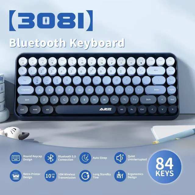 Alt view image 2 of 5 - FELICON 308i Wireless Bluetooth Keyboard, Retro Typewriter Design with Gradient Colorful Round Keycaps and Cute Magnetic Cat Doll, 84 Keys, Multi Device Keyboard for iPad/Laptop/PC/Win/Mac(Blue)