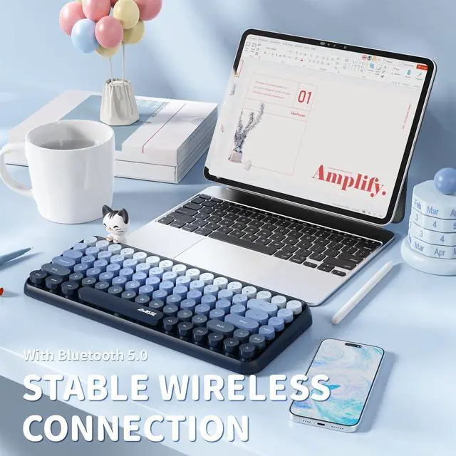 Alt view image 3 of 5 - FELICON 308i Wireless Bluetooth Keyboard, Retro Typewriter Design with Gradient Colorful Round Keycaps and Cute Magnetic Cat Doll, 84 Keys, Multi Device Keyboard for iPad/Laptop/PC/Win/Mac(Blue)