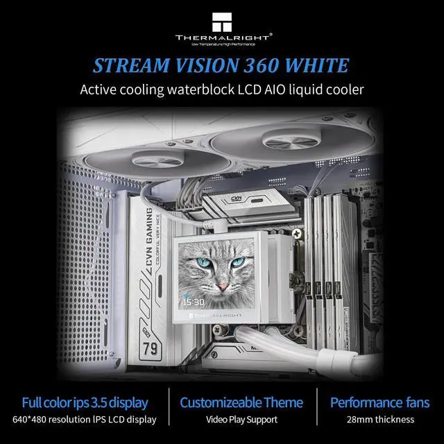 Alt view image 2 of 5 - Thermalright Stream Vision 360 White CPU Liquid Cooler, 3.5in Magnetic Embedded Fan LCD Screen, 640x480 Resolution,Pump with Fan,Compatible with AM5,lga1851/1700/115x