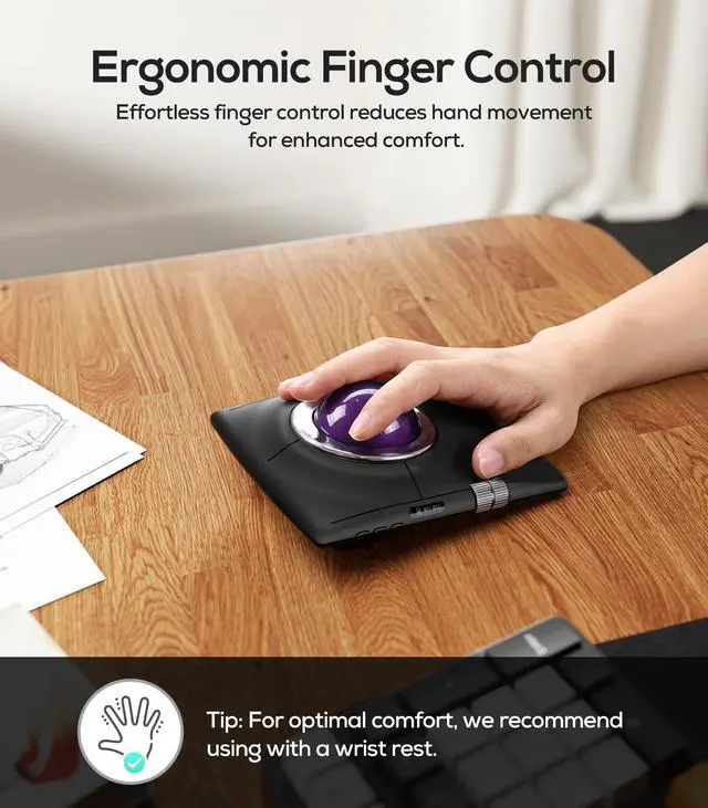 Alt view image 2 of 5 - Nulea M512 Wireless Trackball Mouse, Ergonomic 55mm Trackball, Adjustable DPI for Precise Control, Left or Right Hand Compatible, Rechargeable, Multi-Device Bluetooth & 2.4GHz for PC, Laptop(Purple)