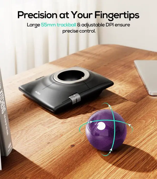 Alt view image 3 of 5 - Nulea M512 Wireless Trackball Mouse, Ergonomic 55mm Trackball, Adjustable DPI for Precise Control, Left or Right Hand Compatible, Rechargeable, Multi-Device Bluetooth & 2.4GHz for PC, Laptop(Purple)