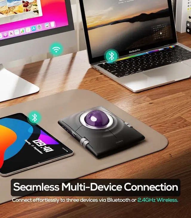 Alt view image 5 of 5 - Nulea M512 Wireless Trackball Mouse, Ergonomic 55mm Trackball, Adjustable DPI for Precise Control, Left or Right Hand Compatible, Rechargeable, Multi-Device Bluetooth & 2.4GHz for PC, Laptop(Purple)