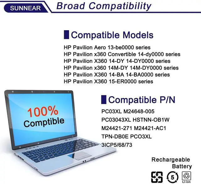 Alt view image 4 of 5 - SUNNEAR PC03XL M24648-005 Battery Compatible with HP Pavilion x360 14 15 14-DY 14-BA 14-CD 14-dw 15-er Series Pavilion Aero 13-be Pavilion x360 Convertible 14-dy Notebook HSTNN-OB1W M24421-271