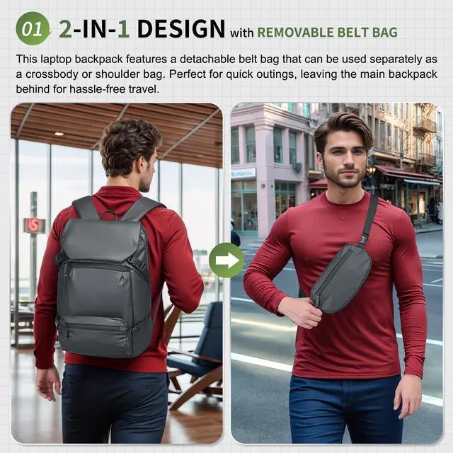 Alt view image 2 of 5 - SUIKIHUM 2 in 1 Travel Backpack, Lightweight Fit in 17" Laptop Backpack with Removable Belt Bag, Waterproof Day Trip Bag, Gray