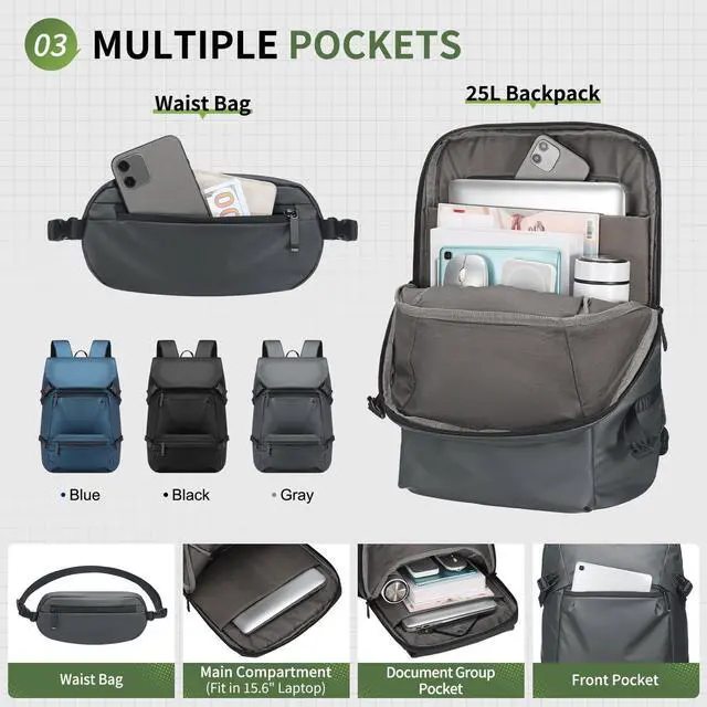 Alt view image 4 of 5 - SUIKIHUM 2 in 1 Travel Backpack, Lightweight Fit in 17" Laptop Backpack with Removable Belt Bag, Waterproof Day Trip Bag, Gray