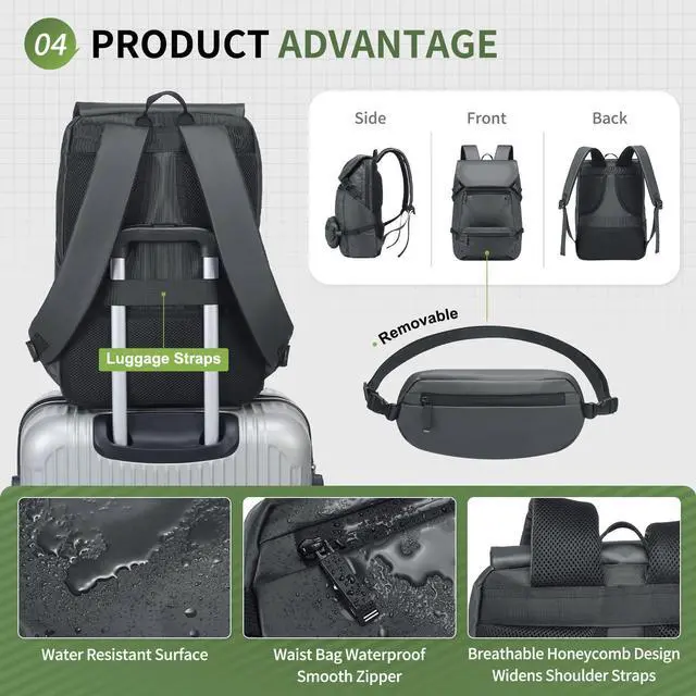 Alt view image 5 of 5 - SUIKIHUM 2 in 1 Travel Backpack, Lightweight Fit in 17" Laptop Backpack with Removable Belt Bag, Waterproof Day Trip Bag, Gray